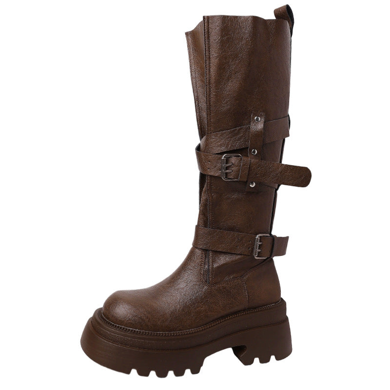 Women's Buckle Motorcycle Autumn Fashion Design Sense Small Thick Bottom Women's Leather Boots