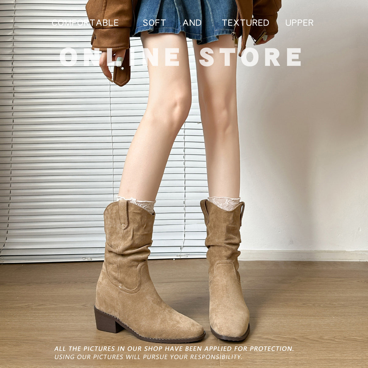Women's Height Increasing Western Cowboy Booties Chunky Pile Style Women's Leather Boots