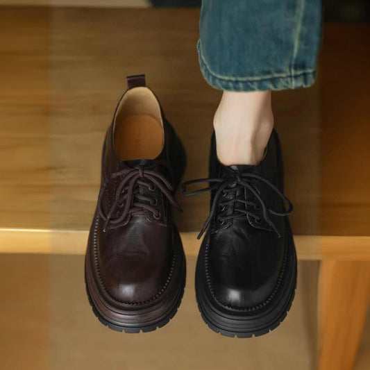 British Style Brown Round Head Thick Bottom Leather Shoes
