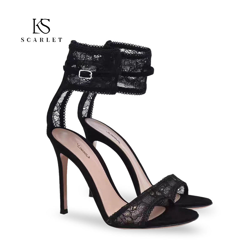 Women's Toe Summer Black Lace High-heeled Stiletto High Heeled Sandals