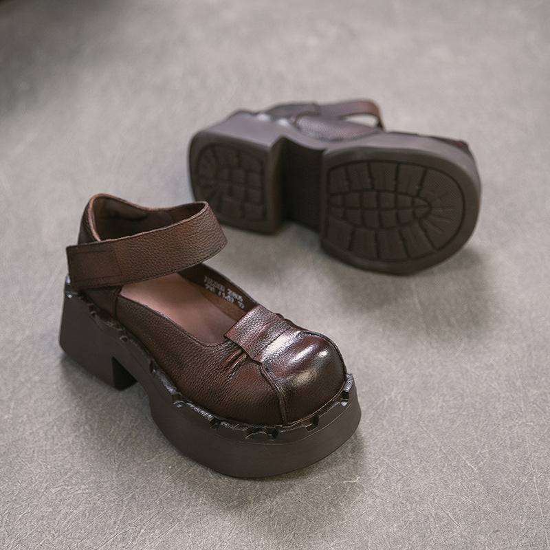 Women's Fashion Square Toe Mary Jane First Layer Cowhide Height Increasing Women's Casual Shoes
