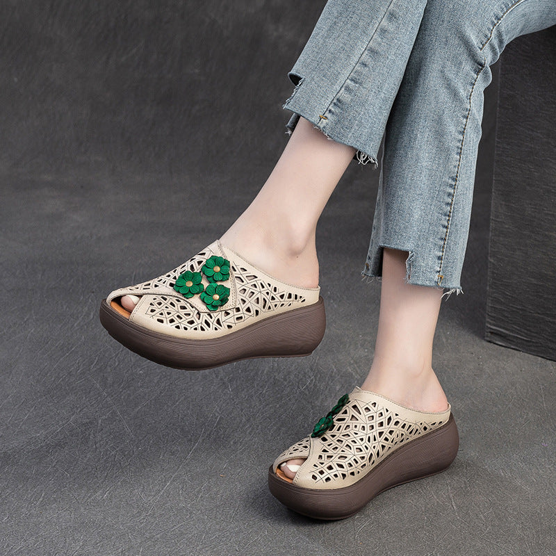 National Style Wedge Peep Toe Hollow Breathable Fashionable Slippers