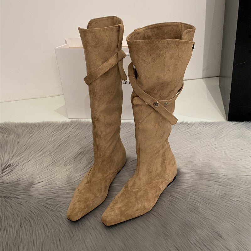 Women's Retro Low Tall Knight Two-way Pile Western Heels