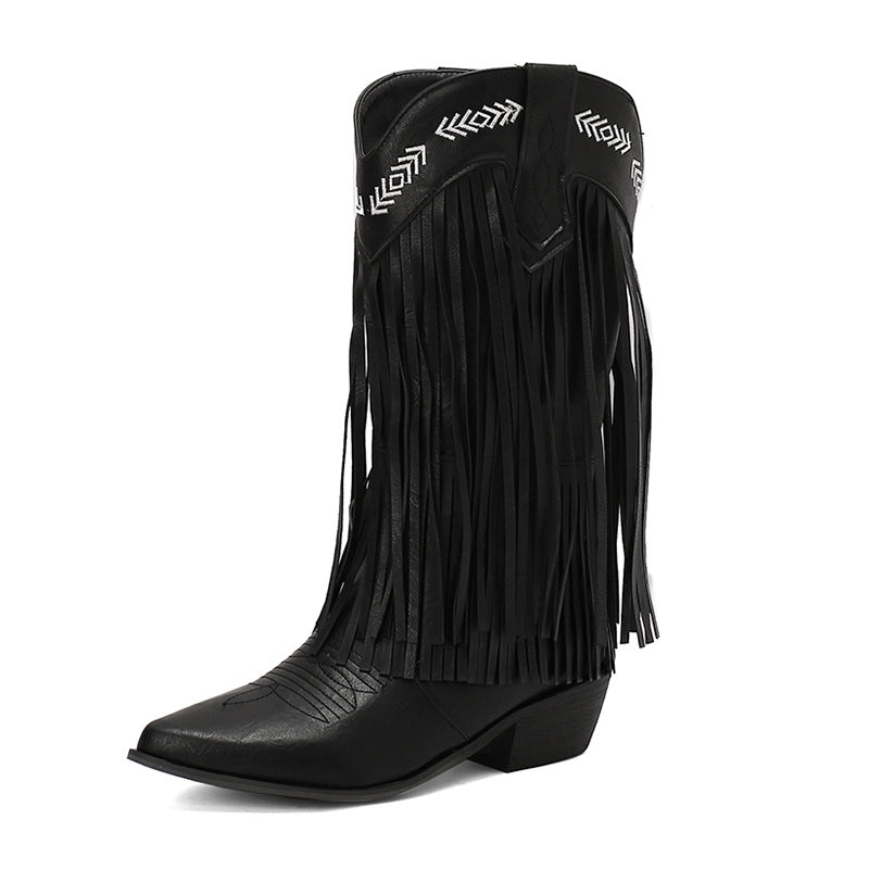 Women's Mid Pointed Western Tassel Embroidery Women's Leather Boots