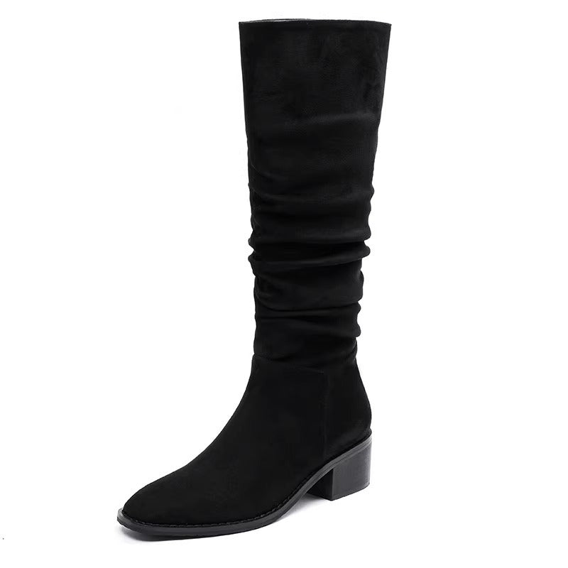 Women's Pile Style Suede Fat Big Tube Circumference Winter Widened Western Women's Leather Boots
