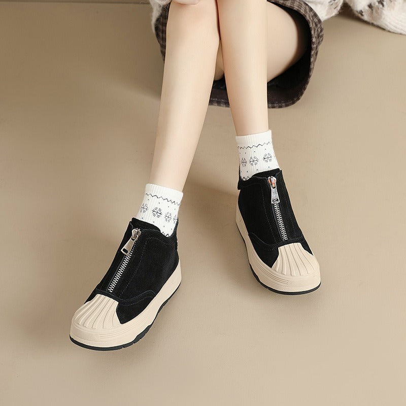 Women's Genuine Front Zipper Flat Shell Toe Board Women's Leather Boots