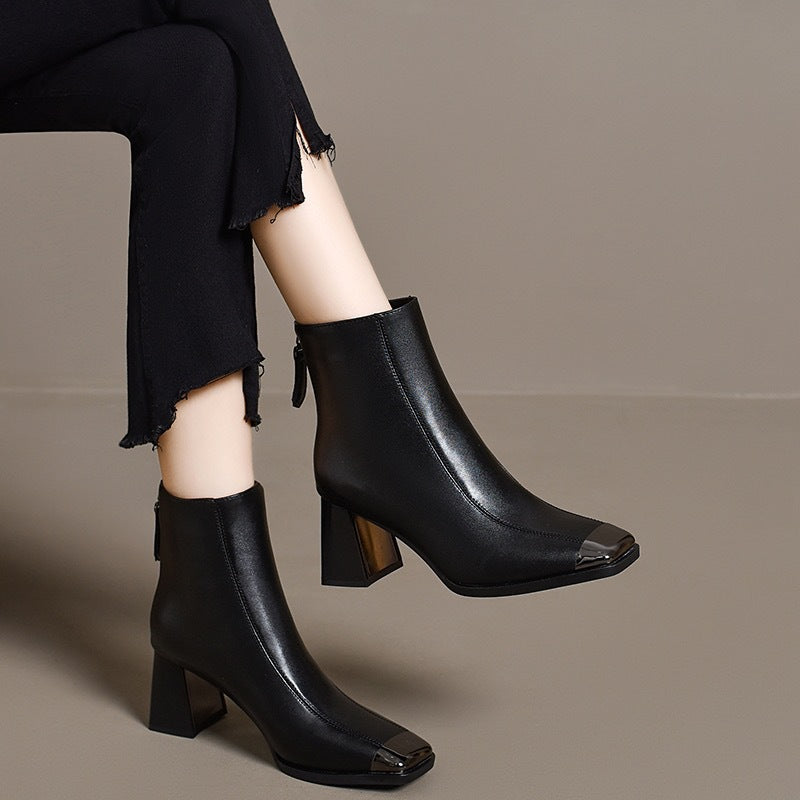Women's French Vintage Style Authentic Square Toe Chunky Women's Leather Boots