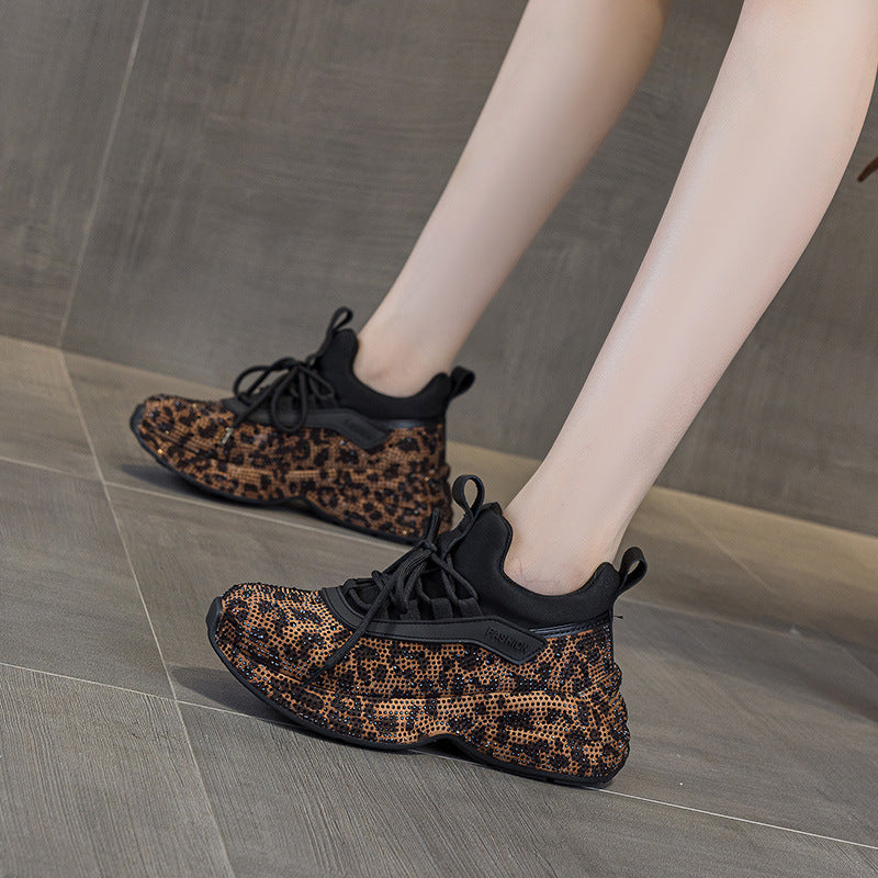 Women's Dad Rhinestone Full Diamond Strap Leopard Women's Casual Shoes