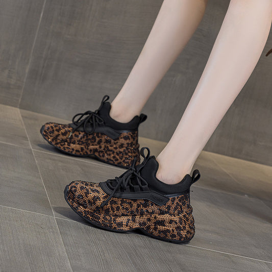 Women's Dad Rhinestone Full Diamond Strap Leopard Women's Casual Shoes
