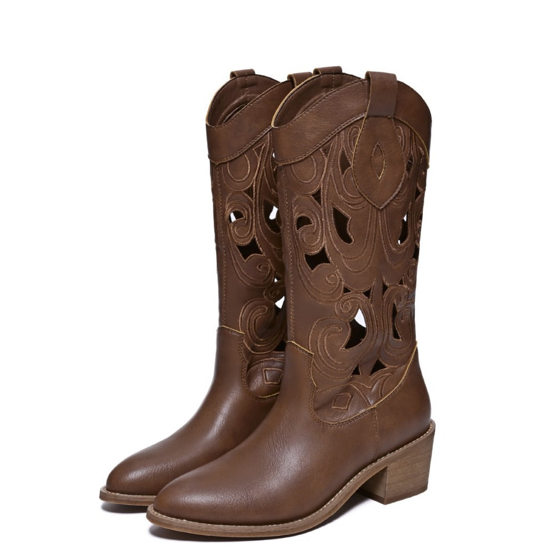 Women's Summer Hollow Out Western Cowboy Vintage Women's Leather Boots