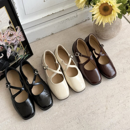 Women's French Flat Pumps Vintage Low-cut Square Head Ballet Women's Casual Shoes