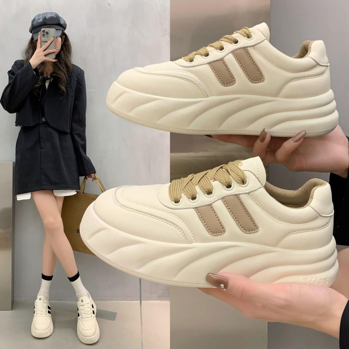 Women's White Spring Thick-soled Campus Height Increasing Sneakers