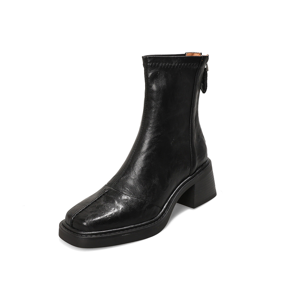 Women's Square Toe Booties Martin Back Zip Short Heels