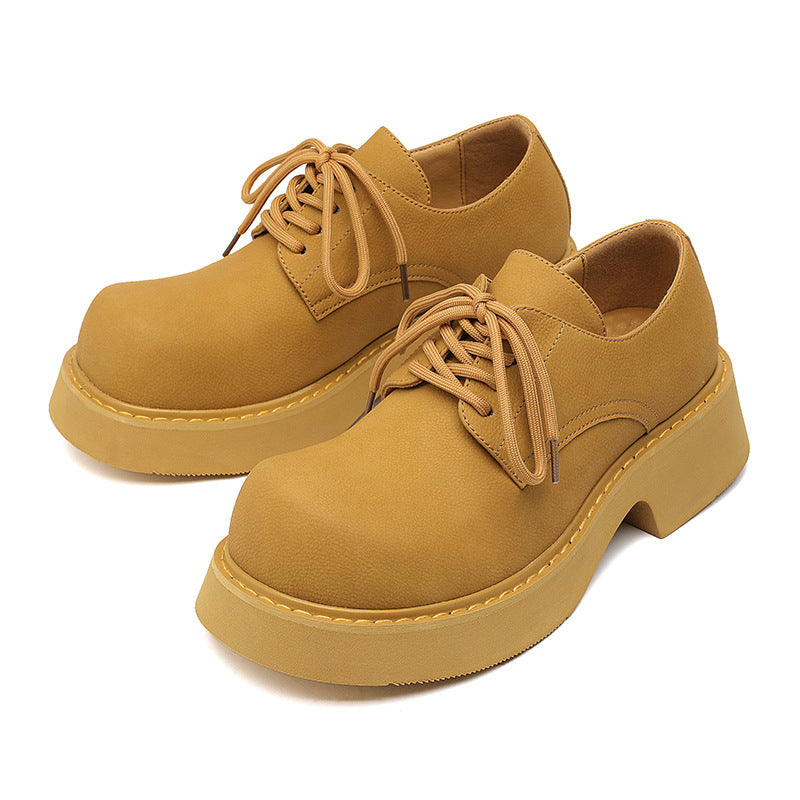 Men's Derby Paris Mickey Round Toe Yellow Spring Niche Thick Leather Shoes