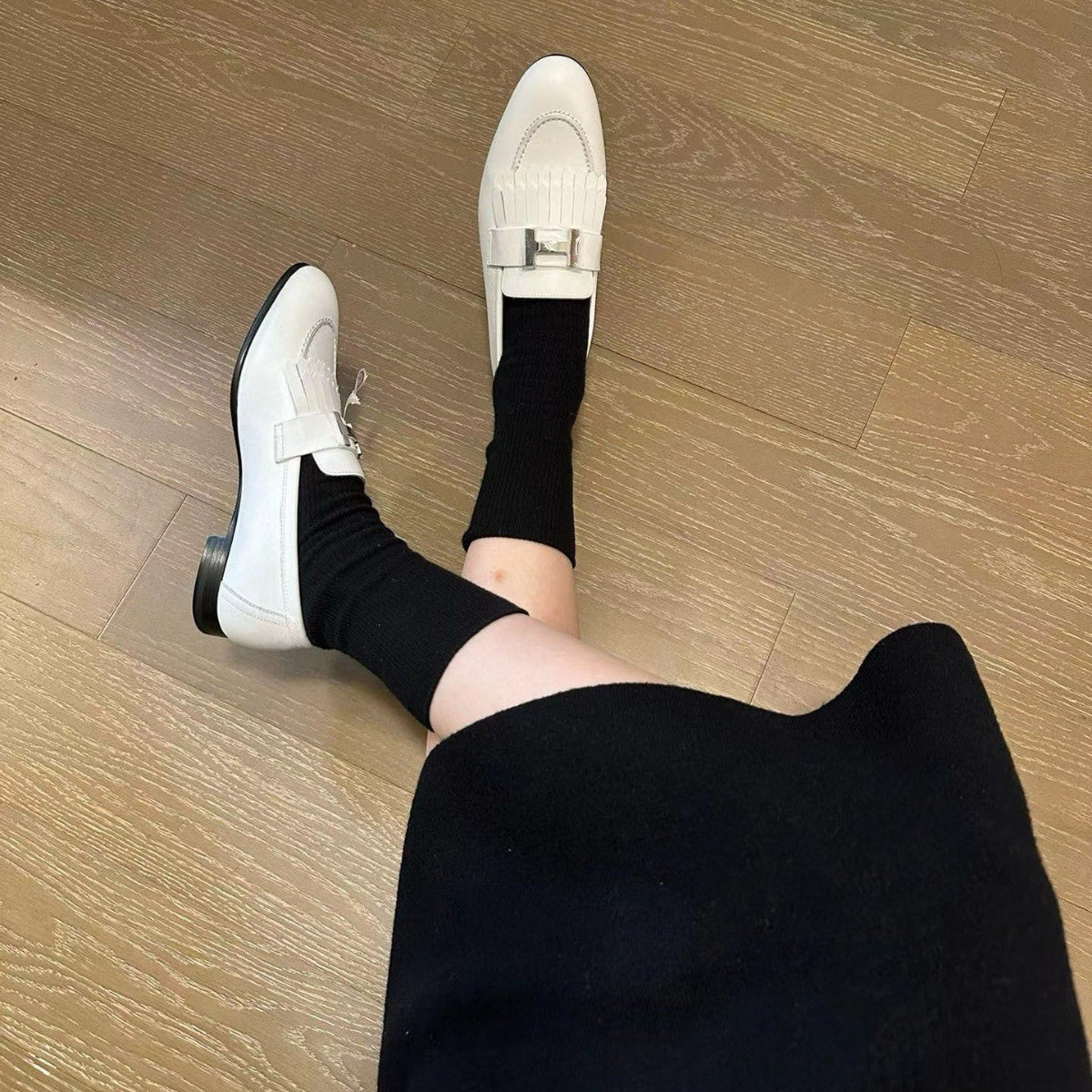 White Female Flat Bottom Slip-on Commuter Tassel Loafers
