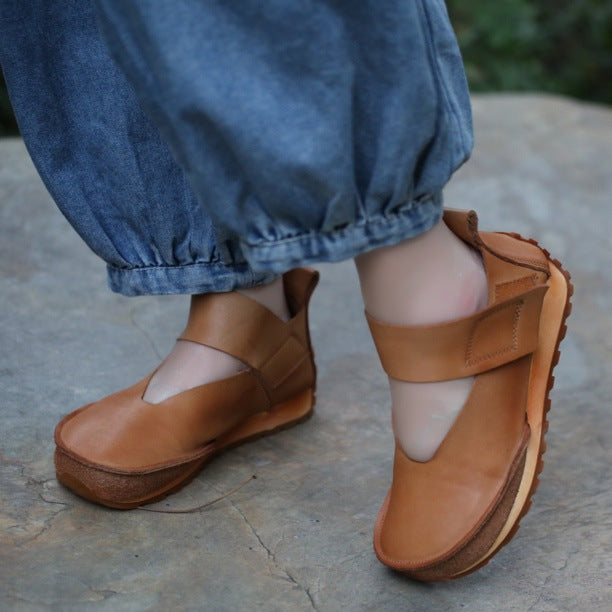 Women's Style Top Layer Cowhide V Cut Pumps Soft Back Thick Platform Sandals