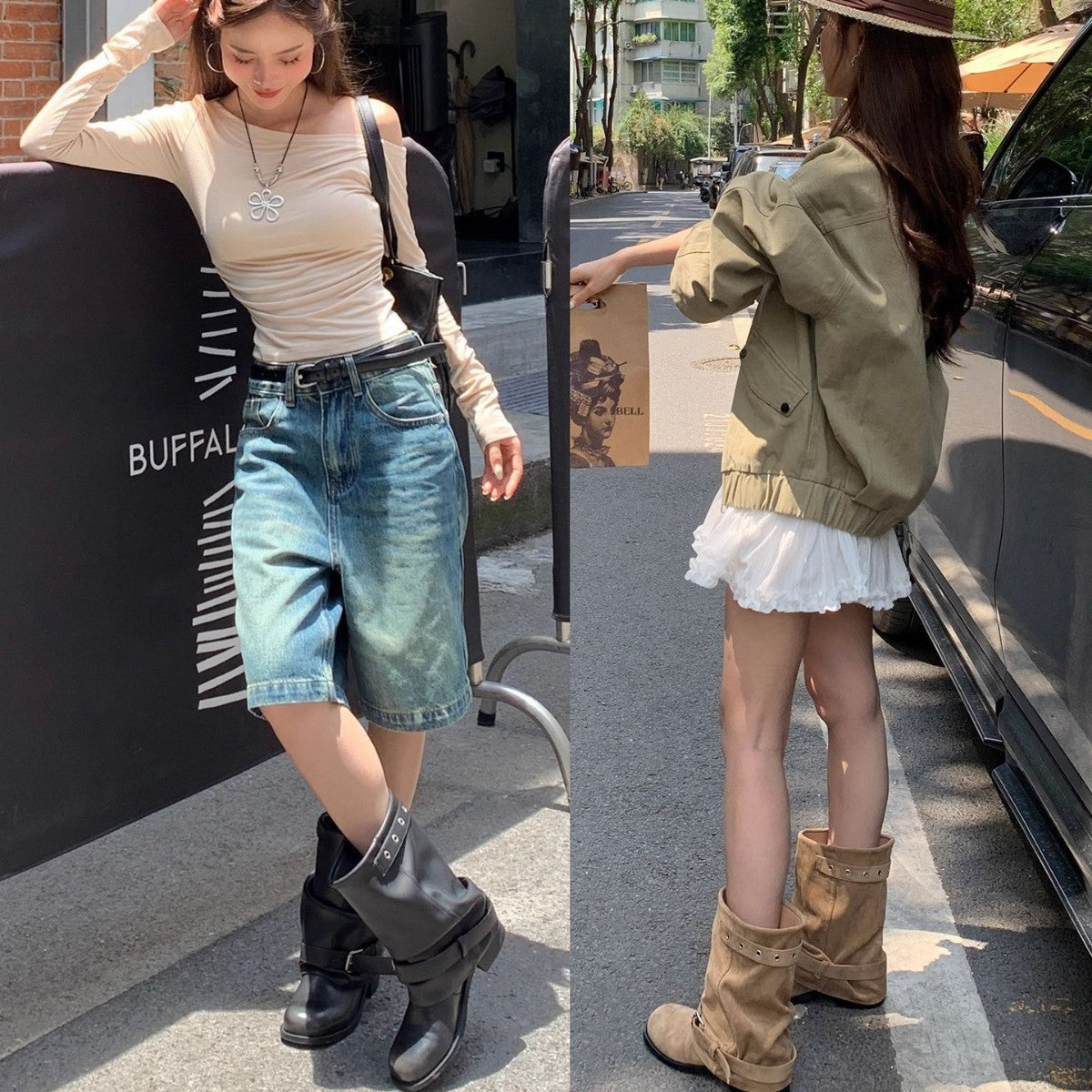 Women's Black For Knee-high Motorcycle Pleated Pile Women's Leather Boots