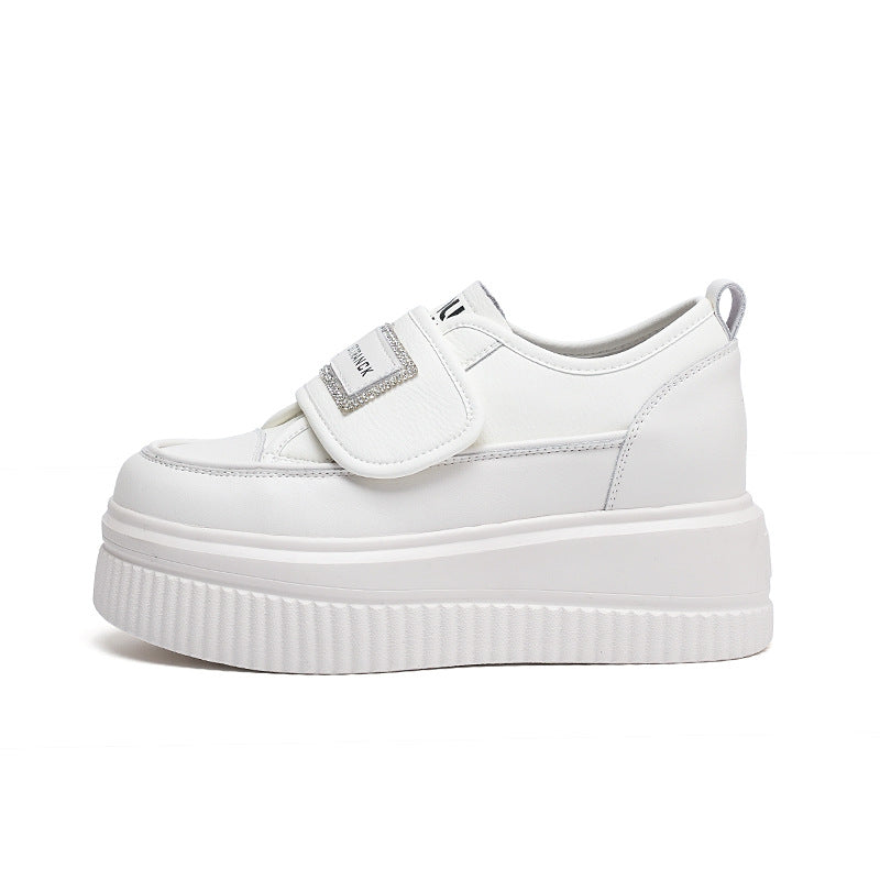 Women's White Spring Velcro Muffin Thick-soled Lightweight Sneakers