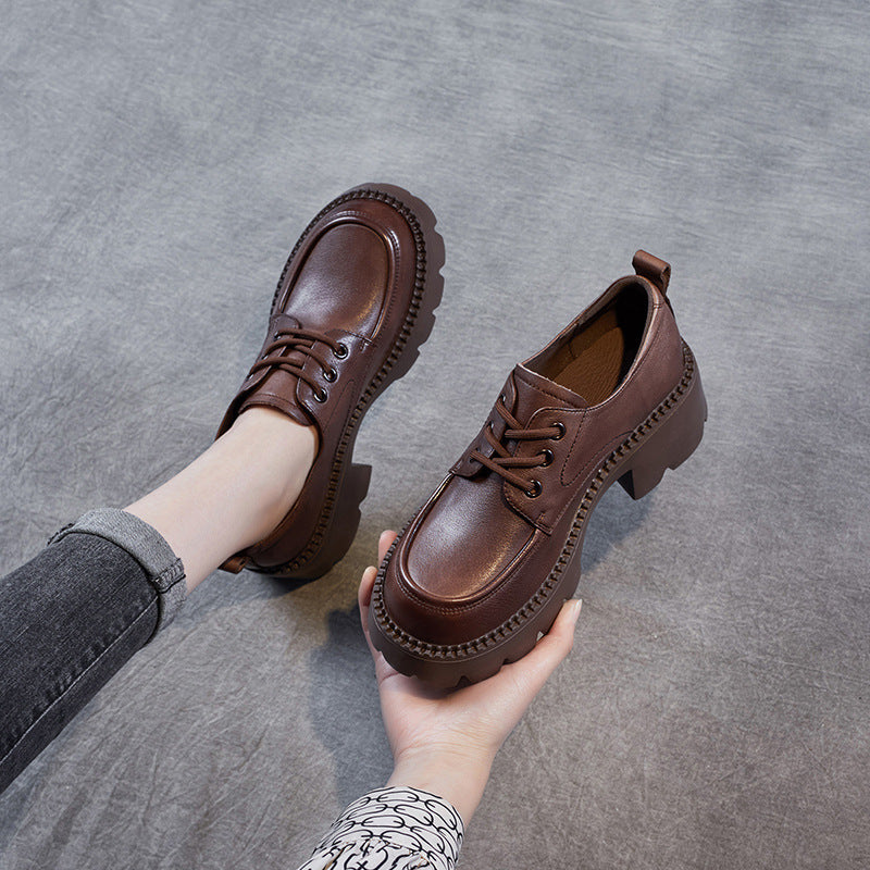 Women's Platform Lace Up Small Brown British Style Heightened Single Women's Casual Shoes