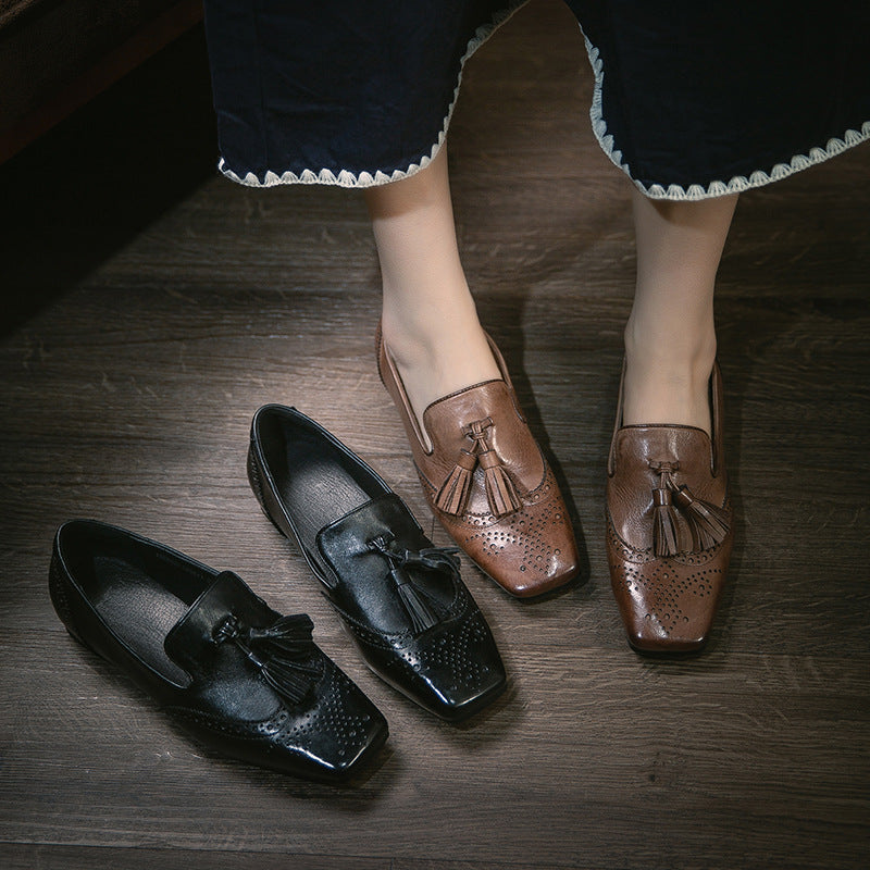 Women's Square Head Light Luxury First Layer Cowhide Tassel Slip-on Pumps Women's Casual Shoes