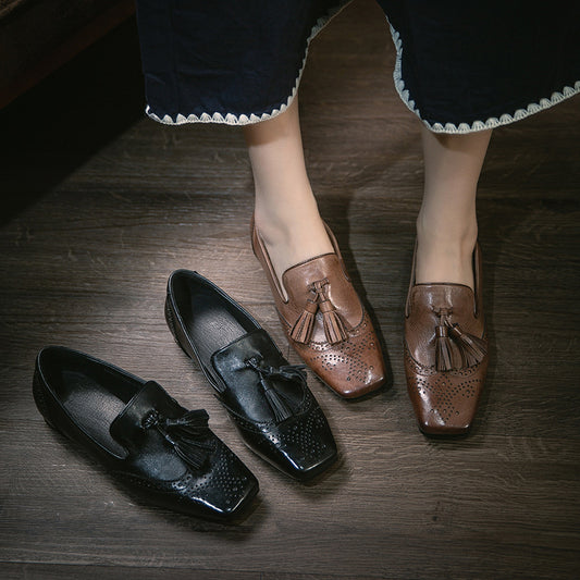 Women's Square Head Light Luxury First Layer Cowhide Tassel Slip-on Pumps Women's Casual Shoes