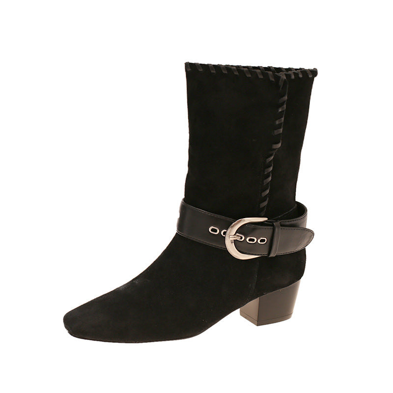 Women's Skin Length Loose Socks Autumn Genuine Chunky Women's Leather Boots
