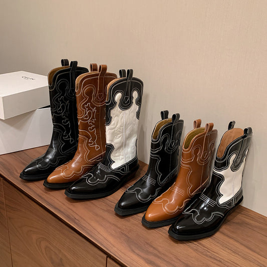 Women's Matching V Cut Embroidered Western Cowboy Mi Tube Large Small Boots