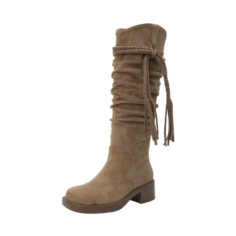 Long Female Vintage Tassel Woven Waste Soil Style Knight Thick Heels