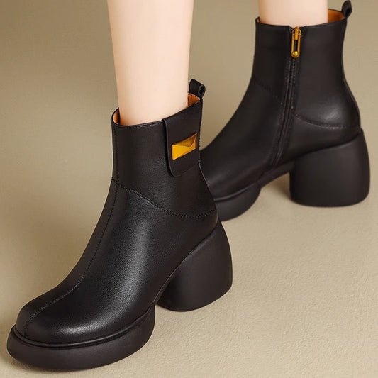 Women's Soft Chunky Platform Round Toe Smoke Pipe Retro Chelsea Women's Leather Boots