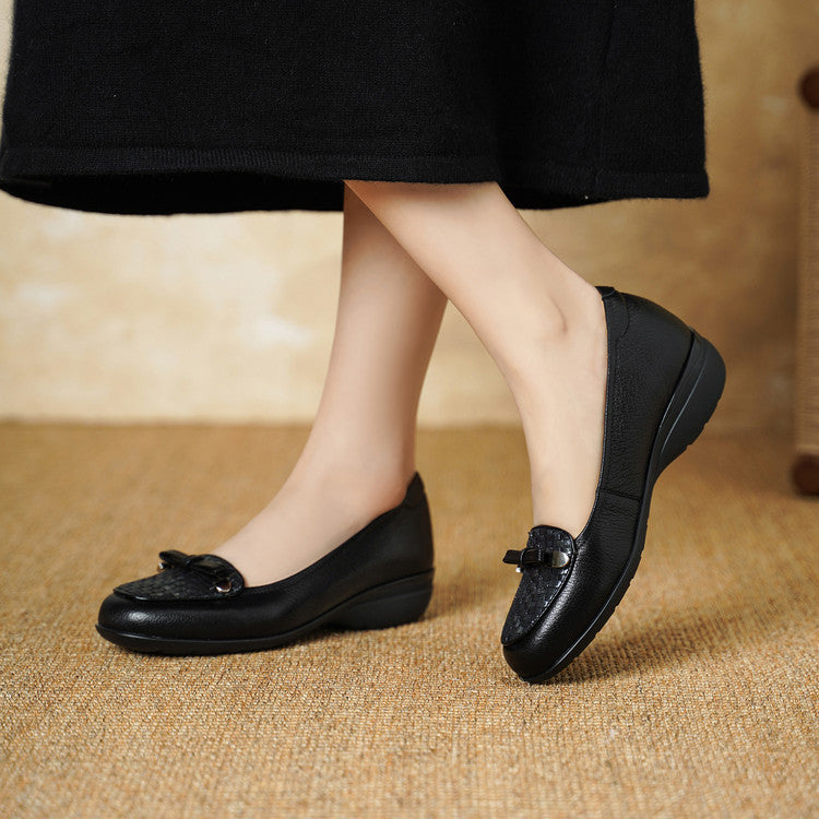 Women's Round Head Woven Korean Style Pumps Soft Sheepskin Low-cut Chunky Women's Fashion Shoes