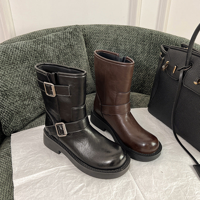 Women's British Style Ankle Vintage Brown Round Women's Leather Boots