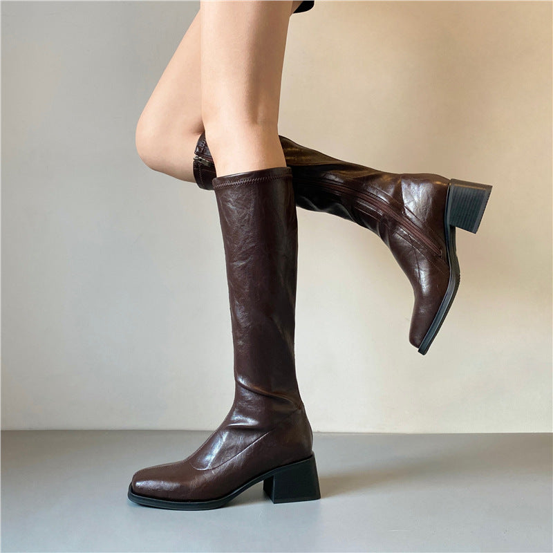 Leg Soft Mute Bottom Wrapping Slimming Pants Square Toe Stretch Women's Leather Boots