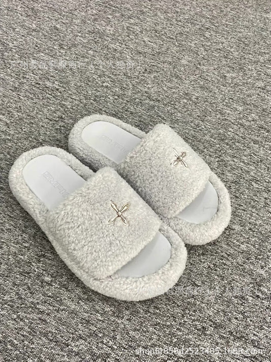 Quality Black White Veet Fur Cruciate Flower Thick Bottom Thick-soles Slippers
