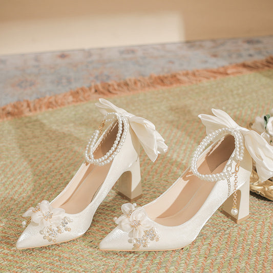 Women's Pointed High Thick Bowknot Wedding With Strap Pearl Grace Women's Fashion Shoes