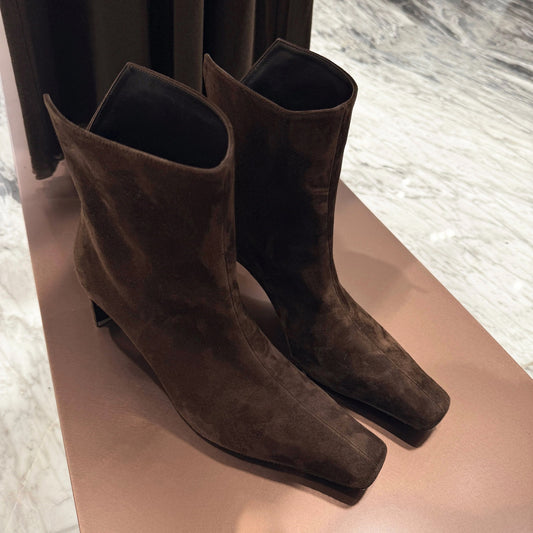 Women's Style Temperament Square Toe Rear Open V Cut High-heeled Skinny Women's Leather Boots