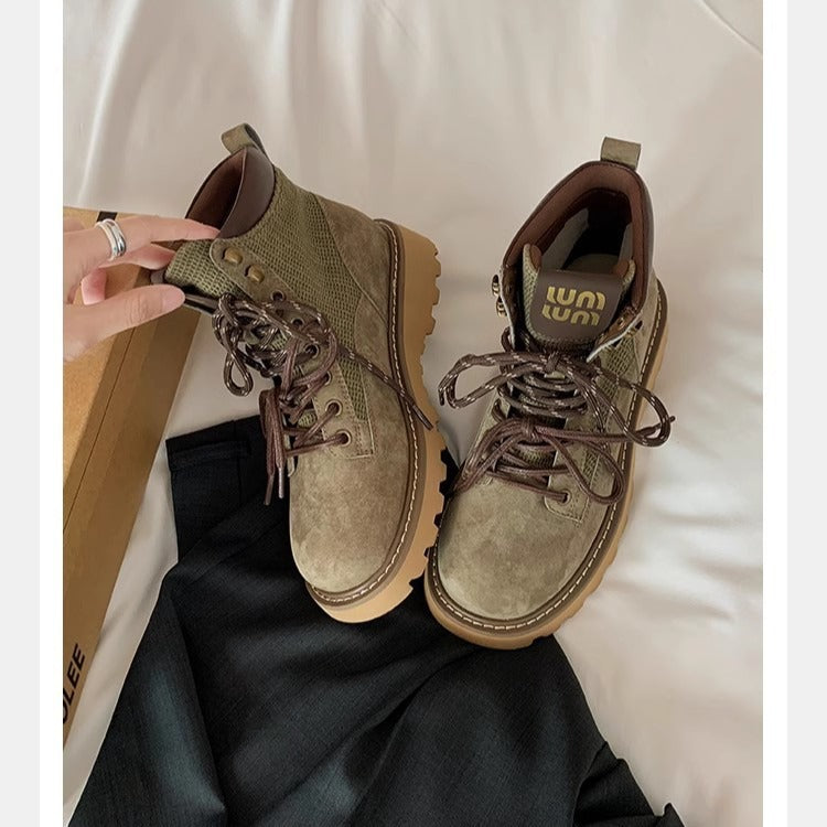 Women's British Style Fashionable Short Booties Round Head Thick Women's Leather Boots