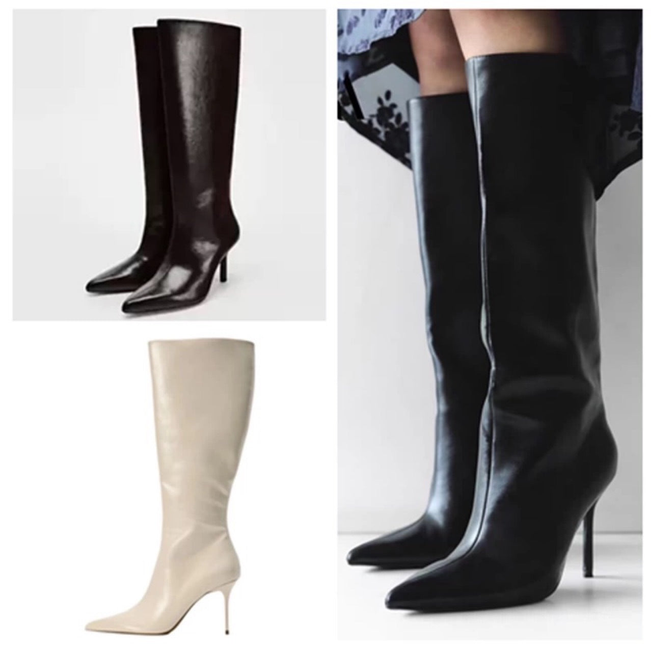 White Stiletto Sexy Pointed Toe Below The Knee Big Women's Leather Boots