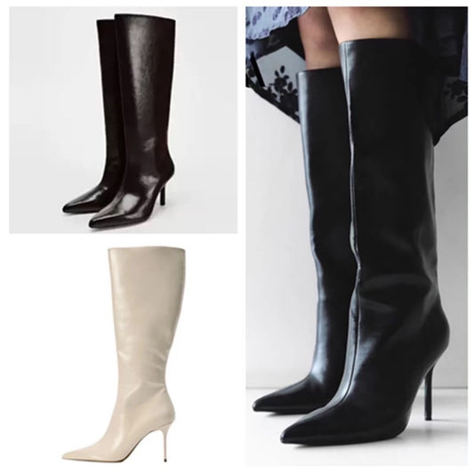 White Stiletto Sexy Pointed Toe Below The Knee Big Women's Leather Boots