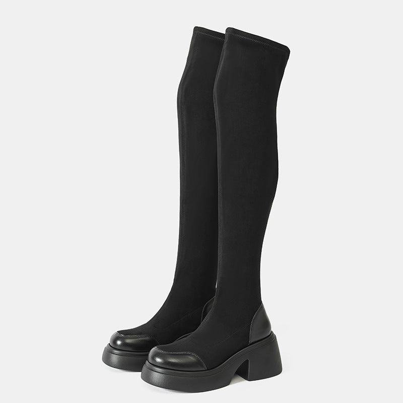 Women's Small Thick Bottom Round Head Over The Knee Korean Style Women's Leather Boots