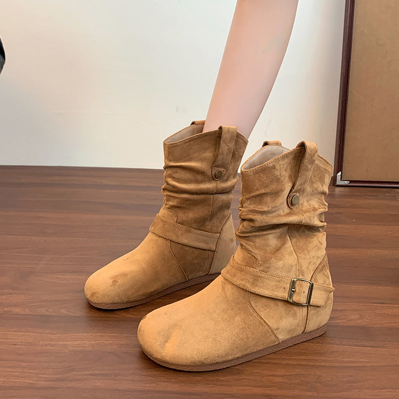 Women's Insole Vintage Suede Buckle Big Tube Circumference Fat Boots