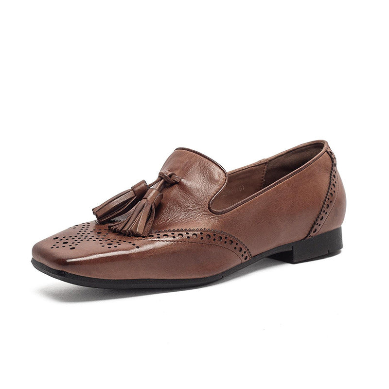 Women's Square Head Light Luxury First Layer Cowhide Tassel Slip-on Pumps Women's Casual Shoes