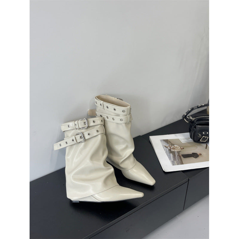 Women's Street Sexy Hot White High-heeled Short Belt Buckle Rivet Women's Leather Boots