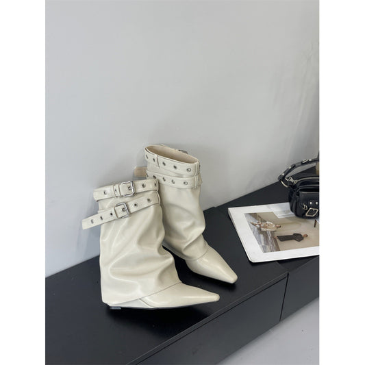 Women's Street Sexy Hot White High-heeled Short Belt Buckle Rivet Women's Leather Boots