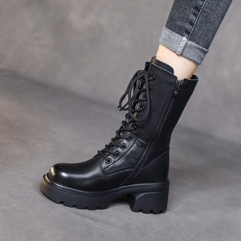 Women's Thick Bottom Vintage Martin Real With Fleece Lining Mid Chunky Heels