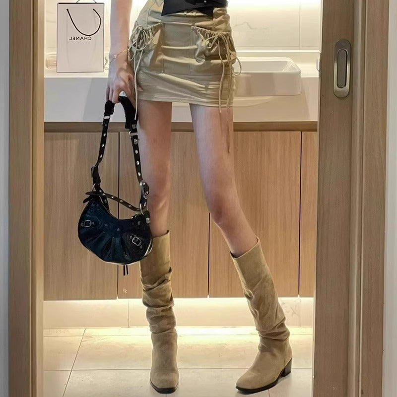 Thin Retro Khaki Waste Soil Western High Boots
