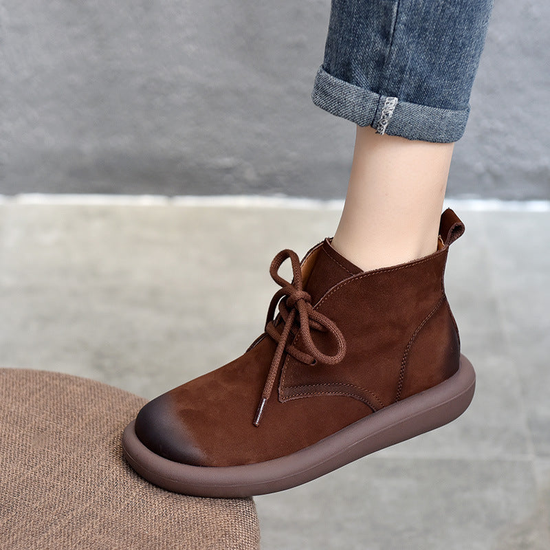 Women's First Layer Cowhide Round Toe Mid Boots