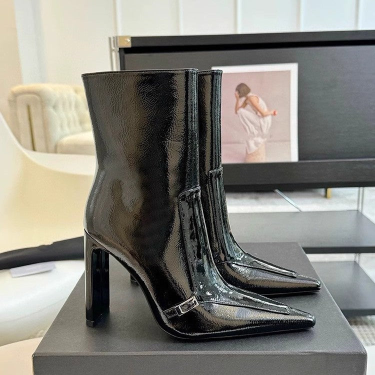 Women's Pointed Ankle Veet Padded Black Chunky Fashion Women's Leather Boots
