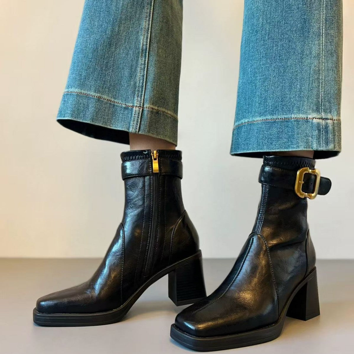 Women's Square Toe High Short Retro Chunky Women's Leather Boots