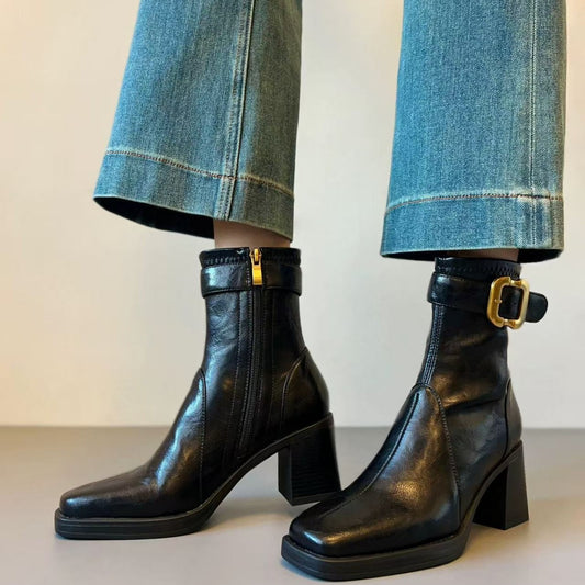 Women's Square Toe High Short Retro Chunky Women's Leather Boots