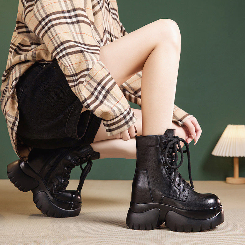Women's Genuine Elevator High Black British Style Women's Leather Boots